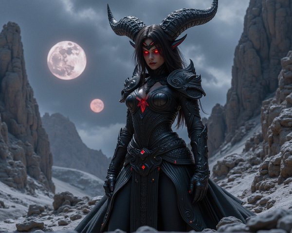 Demoness in Black Armor in a Rocky Valley at Night