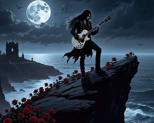 Gothic Cliff Scene with Guitarist and Full Moon