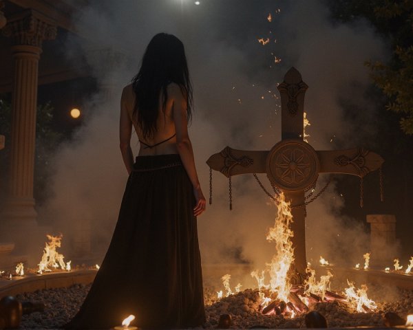 Woman in Black Attire Before Giant Carved Cross in Flames