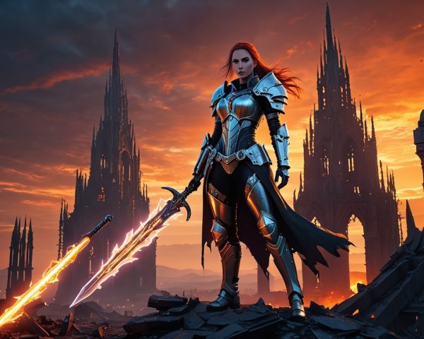 Fierce Warrior in Ornate Armor at Fiery Sunset