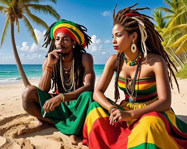 Vibrant Beach Scene with Reggae-Inspired Attire