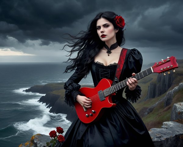 Figure in Black Gown with Red Guitar on Cliff