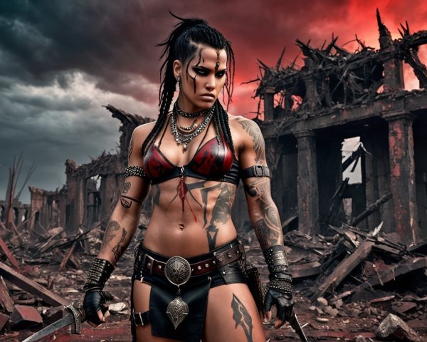 Fierce Female Warrior in Post-Apocalyptic City Ruins
