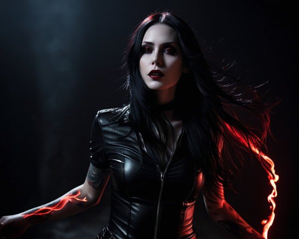 Striking figure in dark environment with glowing accents