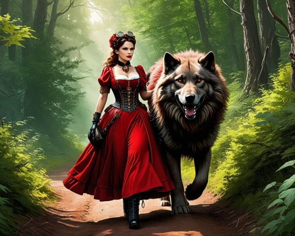 Woman in Red Dress with Wolf in Enchanted Forest