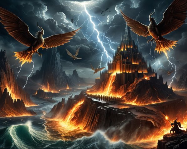 Dramatic Landscape of Fiery Castle and Stormy Skies