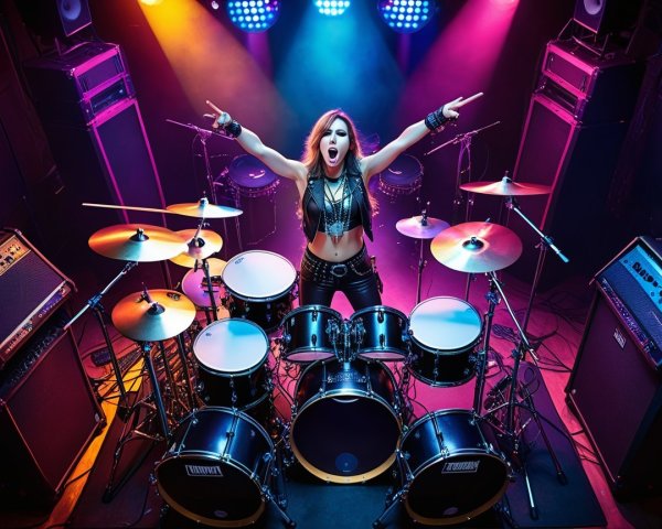 Female Drummer Performing in Vibrant Rock Scene