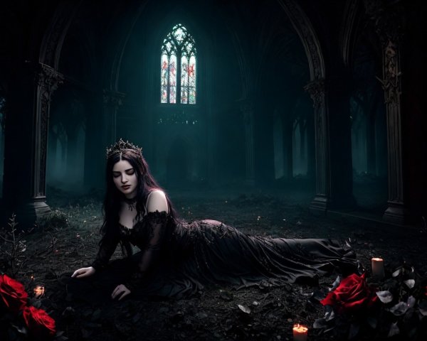 Gothic Cathedral Scene with Young Woman in Black Gown