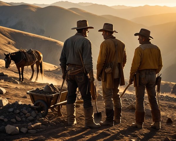 Miners on a hillside at sunset with rustic elements
