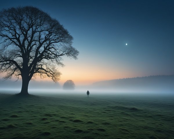Tranquil Dawn Scene in a Misty Green Field