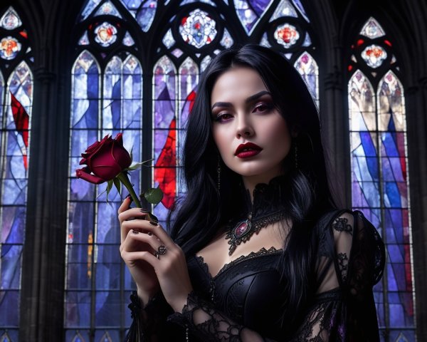 Gothic Woman with Rose by Stained-Glass Window