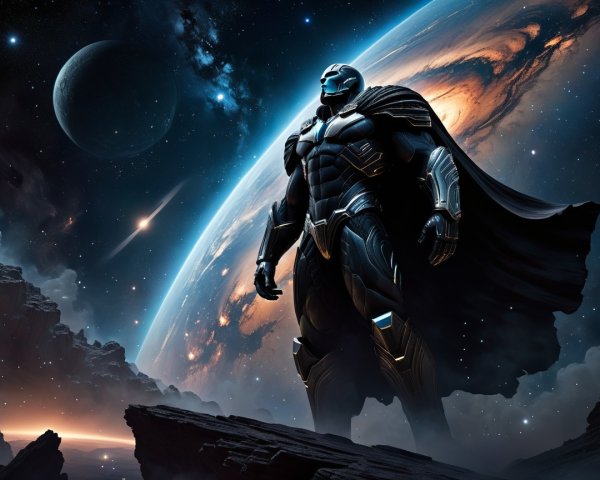 Superhero in Black Armor Against Cosmic Galaxy Backdrop