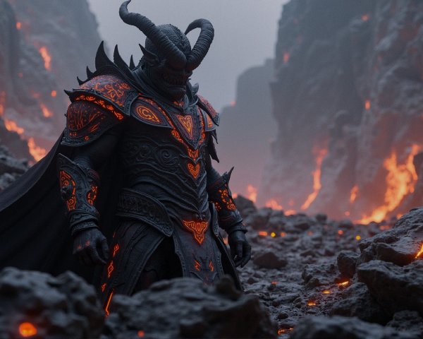 Close-up of a horned orc warrior in dark armor