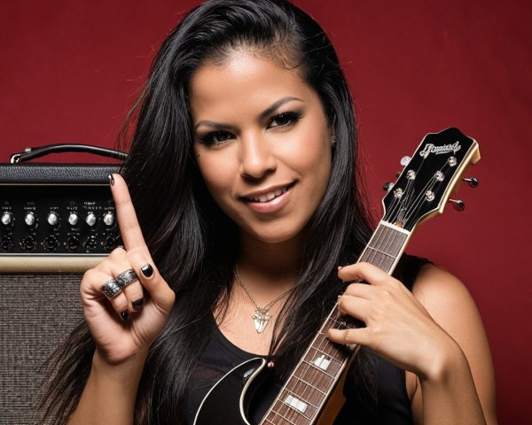Confident Woman with Guitar Against Red Background