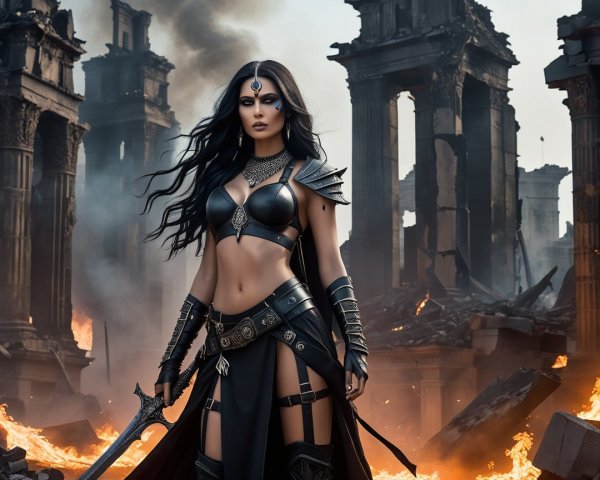 Fierce Warrior in a Post-Apocalyptic City Ruin