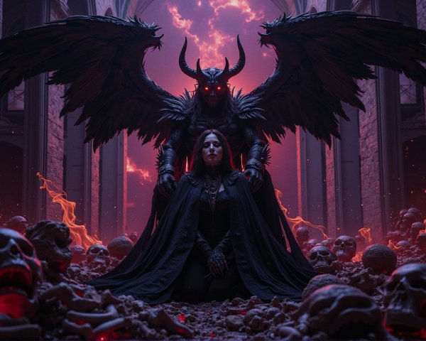 Gothic Scene with Woman and Winged Demon in Church