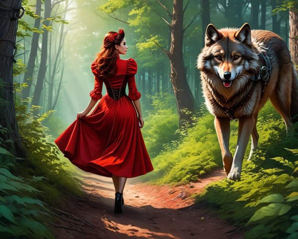 Young woman in red dress walks with wolf in forest
