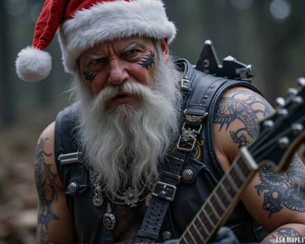 Rugged Santa Claus with Guitar in Forest Setting