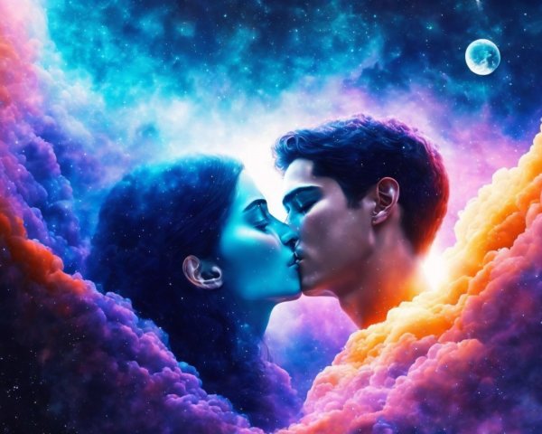 Tender Kiss Under a Colorful Cosmic Backdrop