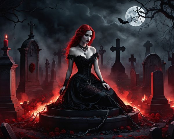 Gothic Vampire Woman in Dark Graveyard Setting