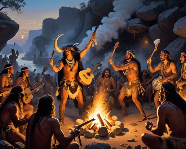 Tribespeople Gather Around Campfire in Cave Setting