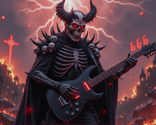 Skeletal Figure in Dark Armor with Electric Guitar