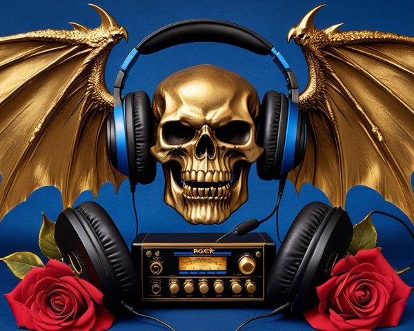 Golden Skull with Wings and Vintage Radio Composition