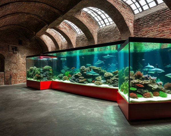 Large Aquarium in Rustic Brick Building with Coral Reefs