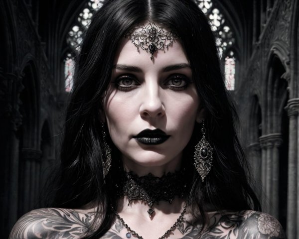 Portrait of a Woman with Gothic Aesthetic and Tattoos