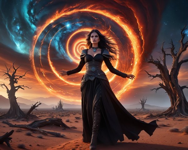 Sorceress in Black Gown Amidst Desert and Cosmic Spiral