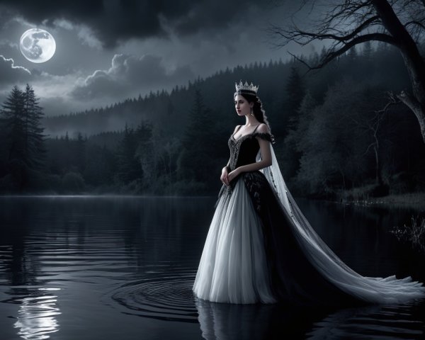 Woman in Black and White Gown by Moonlit Lake