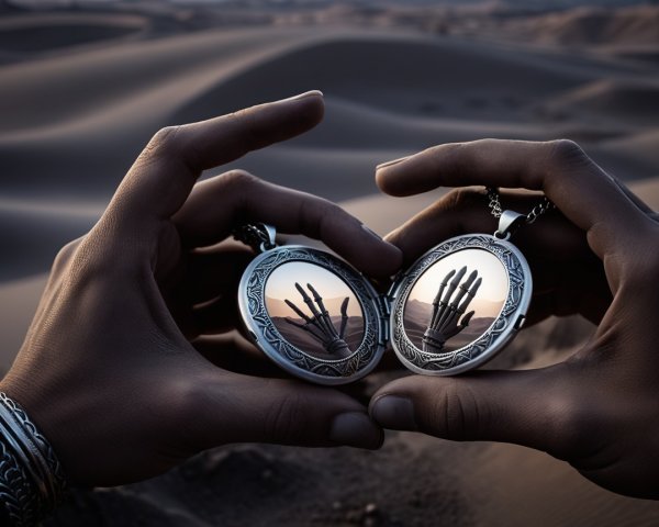Silver Locket Held in Desert Landscape at Sunset
