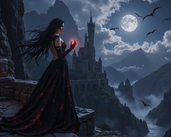 Dark Fantasy Scene with Woman, Castle, and Moonlight