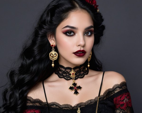 Young Woman in Gothic Style with Red Accents