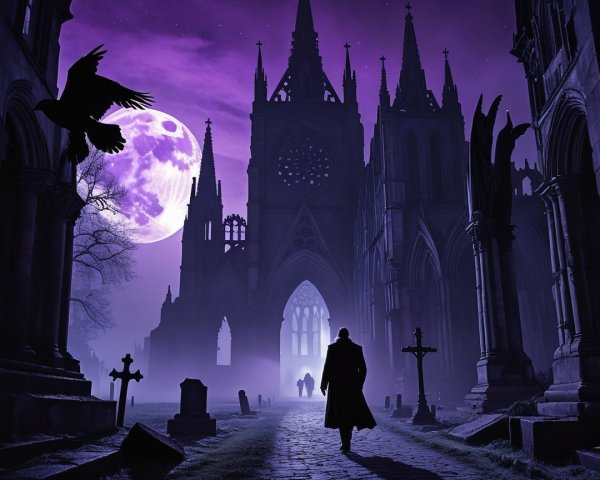 Misty Graveyard Scene with Gothic Cathedral and Moon