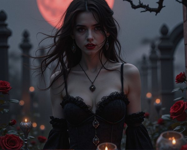 Gothic Garden Scene with Dark Moon and Roses