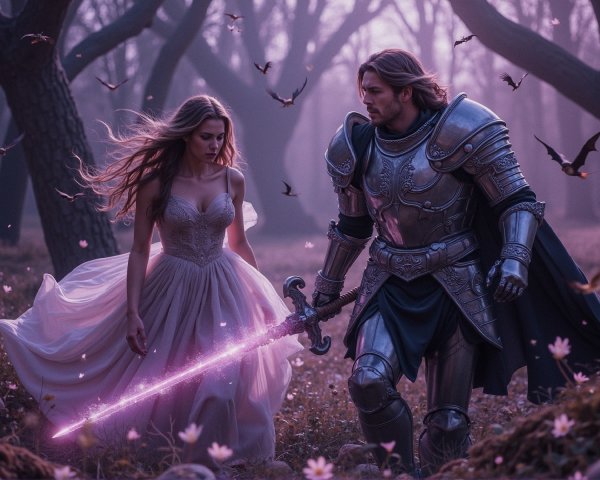 Mystical forest scene with a woman and knight at dusk