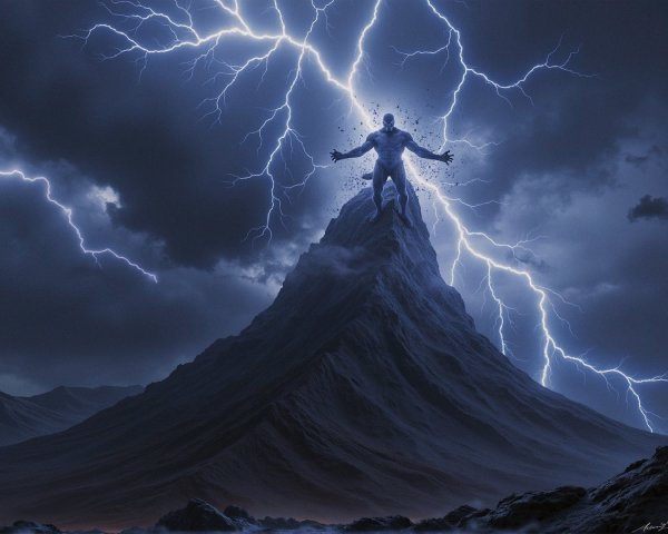 Blue Humanoid Figure on Jagged Mountain Peak with Lightning