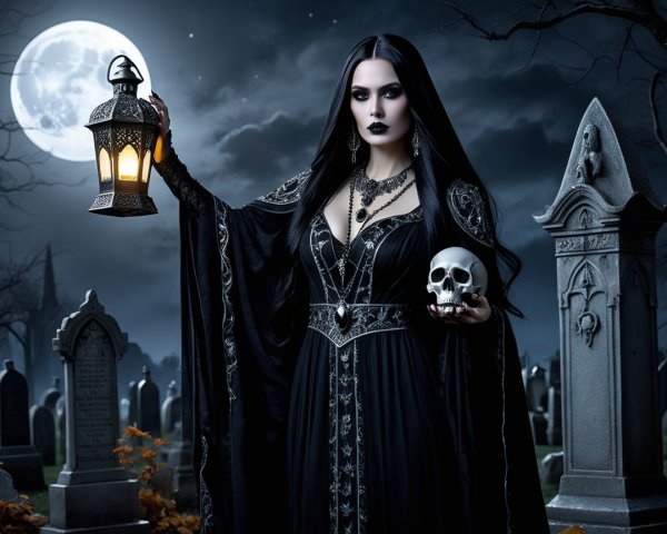 Mysterious Figure in Black Gown at Graveyard Scene