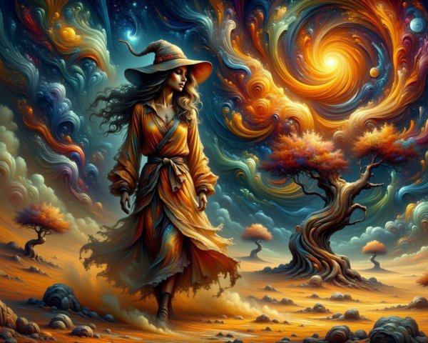 Woman in Vibrant Dress in Surreal Cosmic Landscape