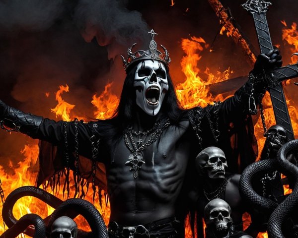Gothic Figure in Skull Mask Amidst Fiery Inferno