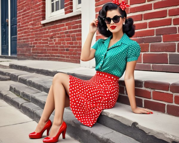 Vintage Fashion: Woman in Teal and Red Polka Dots