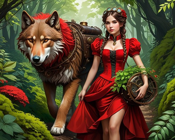 Young Woman in Red Dress with Steampunk Wolf in Forest