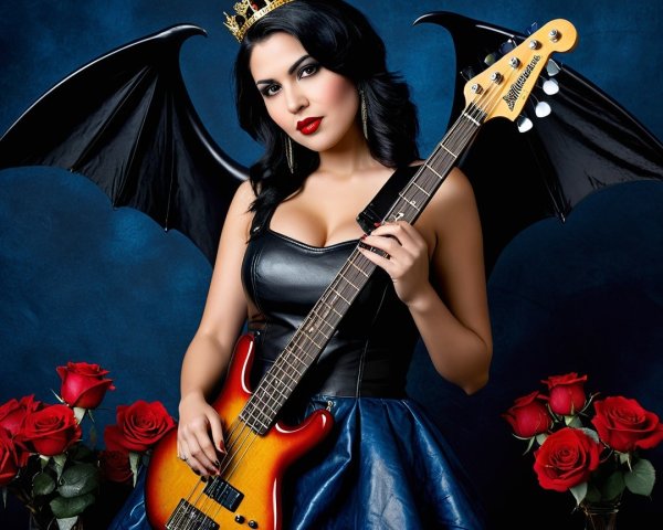 Confident Figure with Bass Guitar and Bat-Like Wings