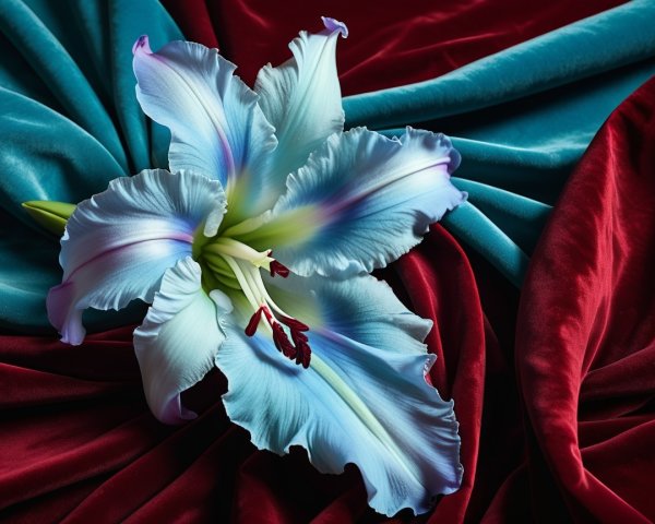 Delicate blue gladiolus flower on luxurious fabric backdrop