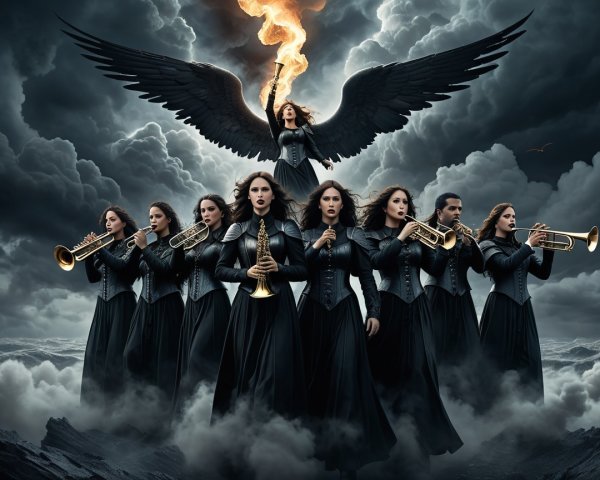 Dramatic Scene of Musicians in Dark Gowns with Wings