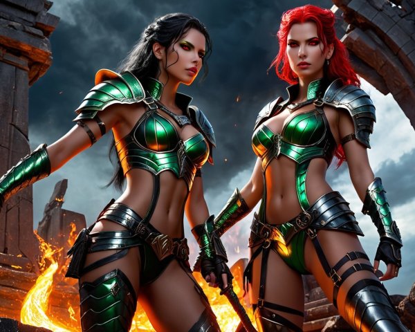 Fierce Female Warriors in Intricate Green Armor