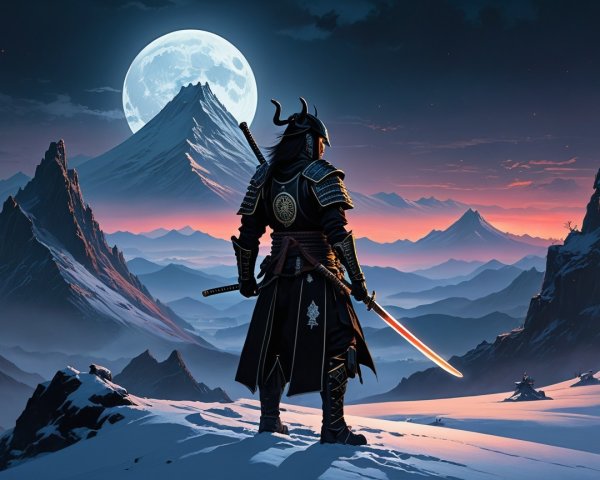 Samurai on Snowy Peak Under Full Moonlight