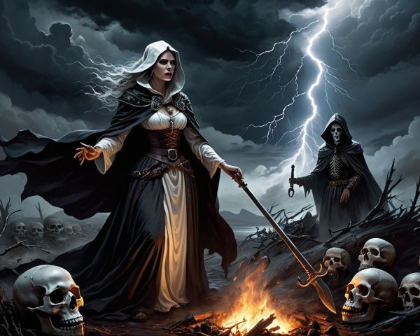 Mysterious Woman in Cloak Amidst Stormy Landscape