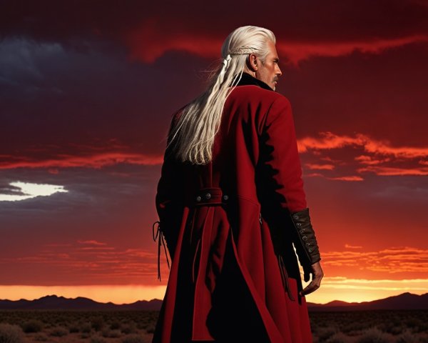 Figure in Red Coat Against Dramatic Sunset Landscape